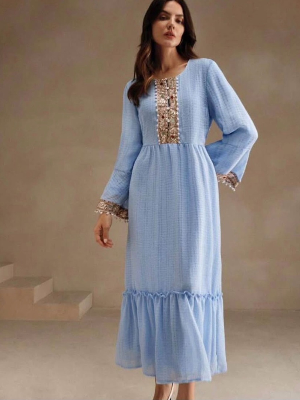 Light Blue Maxi Dress with Embellished Placket and Cuffs